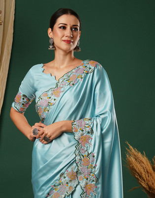 Samah Embroidered, Dyed Bollywood Satin Saree(Light Blue, Multicolor)