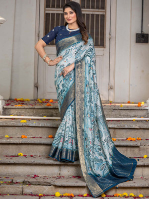 ANOUK Printed Chinnalapattu Viscose Rayon Saree(Light Blue)