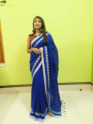 Ganesh plastic and industry Solid/Plain Handloom Cotton Silk Saree(Dark Blue)