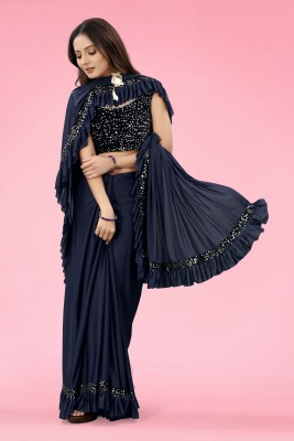 Snija Fashion Embroidered Bollywood Lycra Blend Saree(Dark Blue)