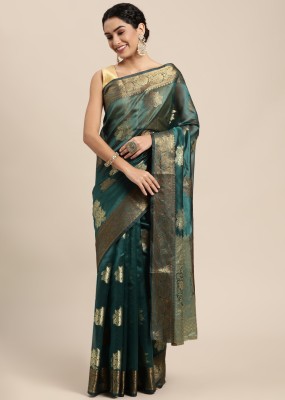 Divastri Floral Print Kanjivaram Organza Saree(Dark Green)