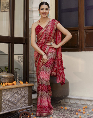 Samah Printed Bandhani Chiffon, Georgette Saree(Red, Pink)