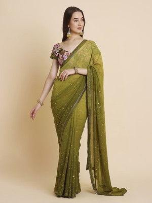RATAN Embellished Saree with Attached Blouse Georgette Saree(Green)