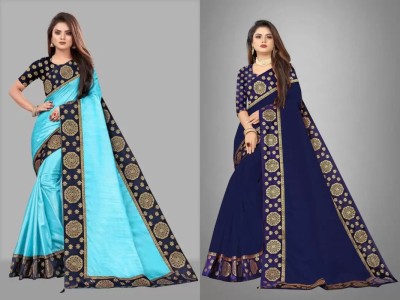 ONTIC LIFESTYLE Self Design Assam Silk Art Silk Saree(Pack of 2, Blue)