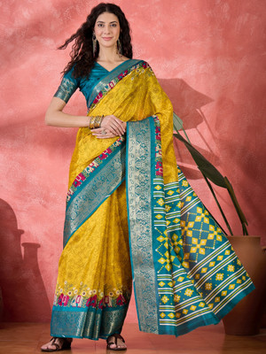 Blissta Printed Kalamkari Silk Blend Saree(Beige)