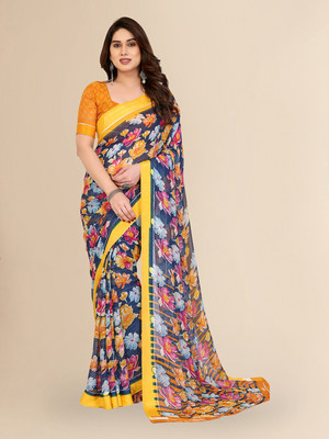 Moda Rapido Embellished, Floral Print Bollywood Georgette, Satin Saree(Blue, Yellow)