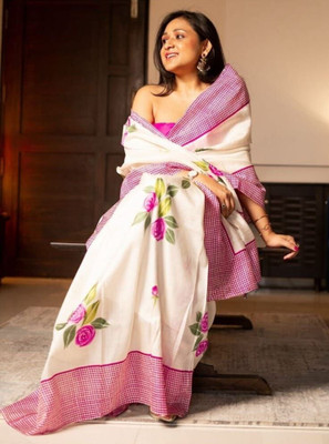 ZARISTACREATION Digital Print Bollywood Dupion Silk Saree(White)