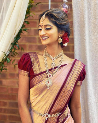 SHRIMAY Woven Kanjivaram Silk Blend Saree(Maroon, Grey)