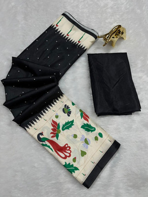 FULIYA SILK Digital Print, Printed, Polka Print Paithani Silk Blend Saree(Black)