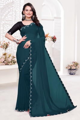 HIJA TRENDZ Solid/Plain Bollywood Georgette Saree(Light Blue)