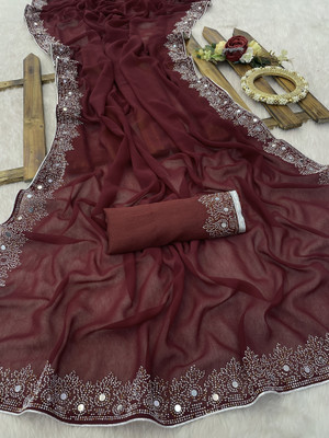 VEERAIVA Applique Bollywood Georgette Saree(Maroon)