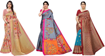 ANIRAV Printed Bhagalpuri Art Silk Saree(Pack of 3, Pink, Grey, Blue, Red)