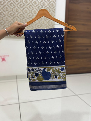 Chandan Fabrics Printed Kalamkari Mulmul Saree(Dark Blue)
