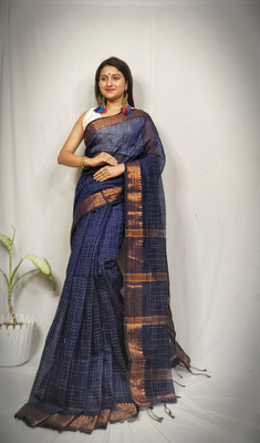 PRANATI ENTERPRISE Self Design Tant Cotton Silk Saree(Dark Blue)