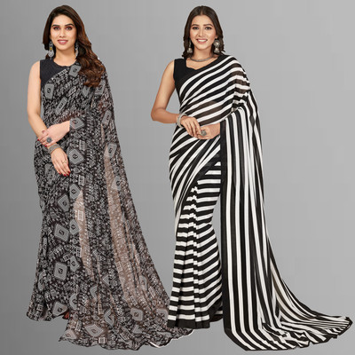 Anand Sarees Floral Print, Polka Print, Ombre, Printed Bollywood Georgette Saree(Pack of 2, Black)