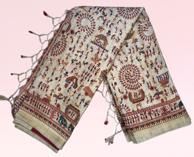 Praaj Printed Madhubani Jute Silk Saree(Multicolor)