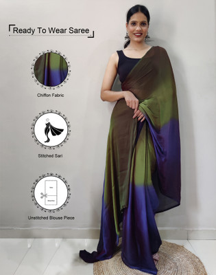 Satrani Dyed, Ombre, Striped Bollywood Chiffon, Georgette Saree(Green)