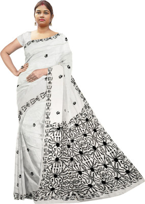 SHRISTI CLOTHINGS Embroidered Kantha Tussar Silk Saree(White)