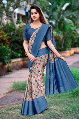 Dharmata Enterprise Digital Print Banarasi Jute Silk Saree(Blue)