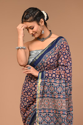 LOVWEAR Printed Ikkat Pure Cotton Saree(Blue)