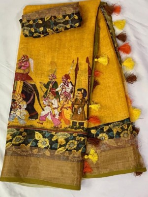 Dasera Designs Floral Print Daily Wear Cotton Linen Saree(Yellow)