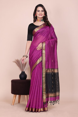 REKNIT Woven Bollywood Cotton Silk Saree(Pink, Black)