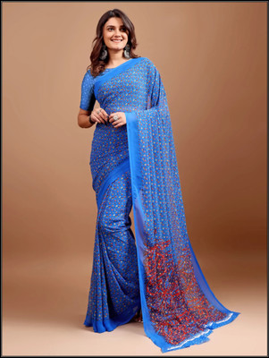 VIBHAGYAA Printed, Geometric Print Daily Wear Chiffon Saree(Blue)