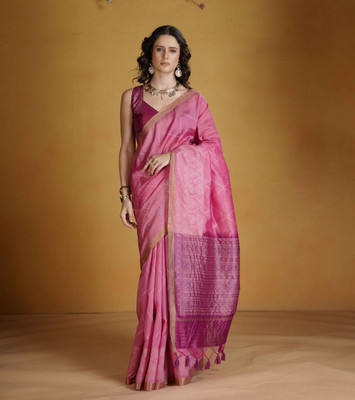 ZILVIRA Woven, Striped Handloom Cotton Silk Saree(Pink, Purple)
