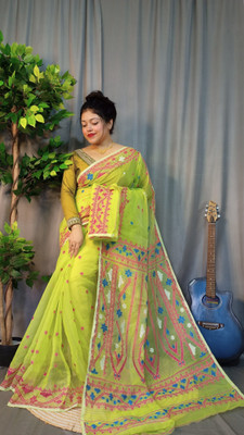 Pasum's Embroidered, Self Design Jamdani Pure Cotton Saree(Green, Pink, Blue)