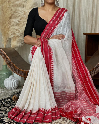 Shree Ethnic Solid/Plain Handloom Handloom Cotton Blend Saree(White, Red)