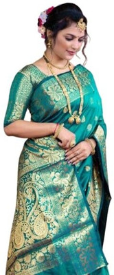 HR ENTERPRISE Woven, Floral Print, Paisley, Temple Border Banarasi Silk Blend Saree(Light Green)