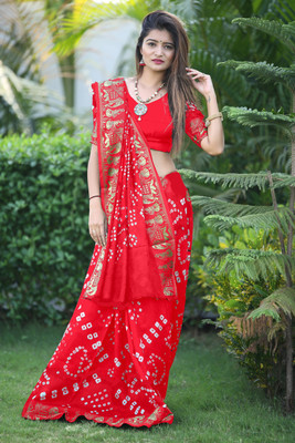 jeravi Printed Bandhani Art Silk Saree(Red)