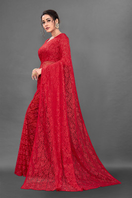 Fashion Field Self Design Bollywood Net Saree(Red)