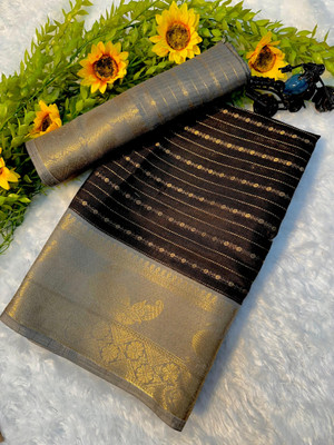 RAAVIENTERPRISE Striped Mysore Silk Blend Saree(Brown)