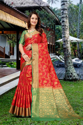 jayant creation Printed Banarasi Silk Blend, Jacquard Saree(Red)