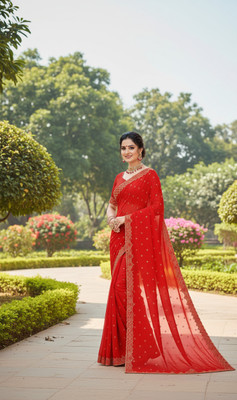 sarees Embellished, Woven Bollywood Georgette Saree(Red)