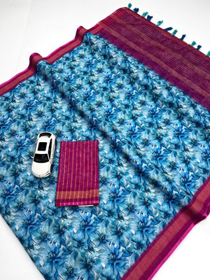 ZARISTACREATION Printed Bollywood Linen Saree(Blue)