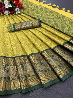 Aika Solid/Plain Banarasi Pure Silk Saree(Yellow)