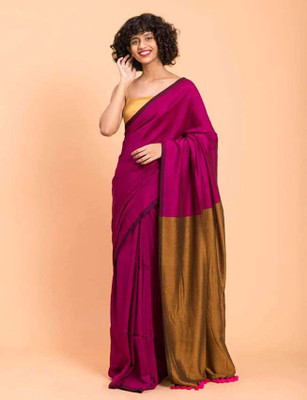 pal saree mahal Solid/Plain Handloom Pure Cotton Saree(Green, Pink)