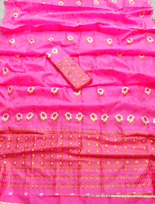 DIVINE Printed Mekhela Chador Pure Silk Saree(Pink)