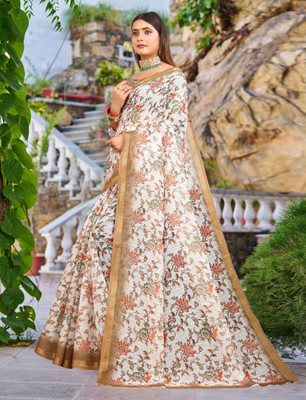 VISHNU Digital Print Kanjivaram Pure Cotton, Cotton Linen Saree(Cream)