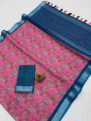 Margi Designers Floral Print Handloom Cotton Linen Saree(Blue)