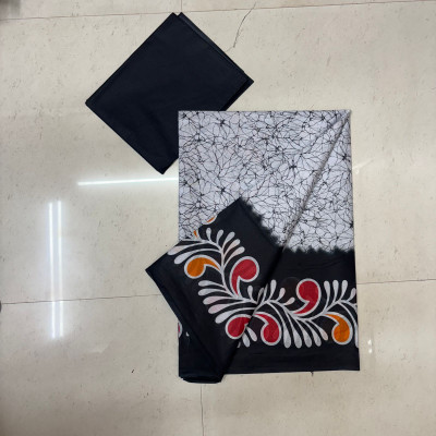 JANKI RAVI Printed Hand Batik Pure Cotton Saree(Black, White, Red, Orange)