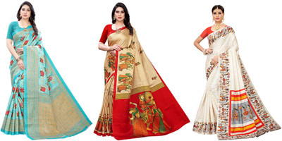 YASHIKA Printed, Woven Kanjivaram Art Silk Saree(Pack of 3, Blue, Beige, Cream)