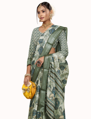 Gajal Printed, Digital Print Kanjivaram Pure Cotton, Cotton Linen Saree(Green)