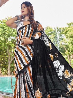 Divastri Printed Bollywood Cotton Blend Saree(White)