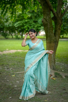 PeachPetals Self Design, Striped Banarasi Cotton Blend Saree(Light Blue)