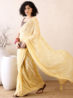 Tasrika Embellished Pre Draped Saree Chiffon Saree(Yellow)