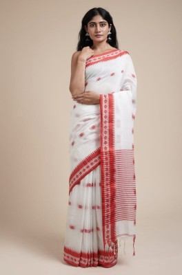 ADbutiq Woven, Temple Border, Digital Print, Self Design Tant Pure Cotton Saree(White)