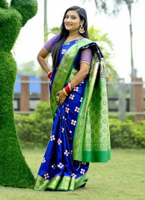 HouseOfCommon Embroidered Sambalpuri Satin Saree(Blue)